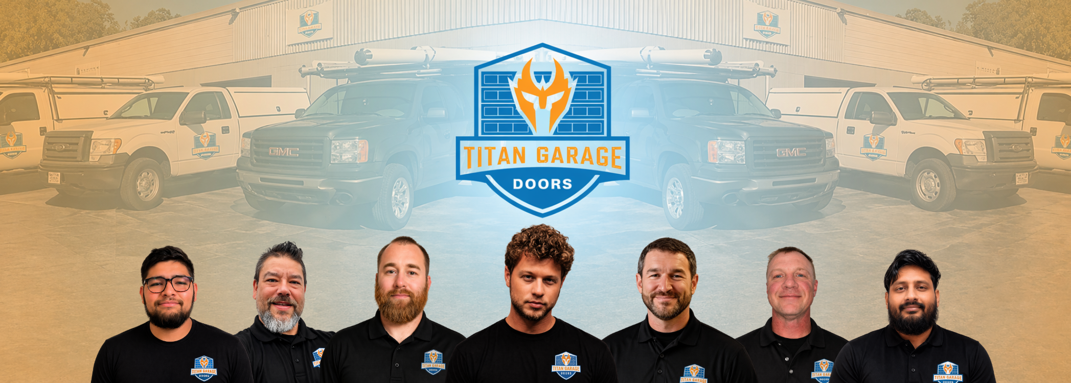 Team of professional garage door technicians from Titan Garage Doors WI standing in front of branded service trucks and warehouse building