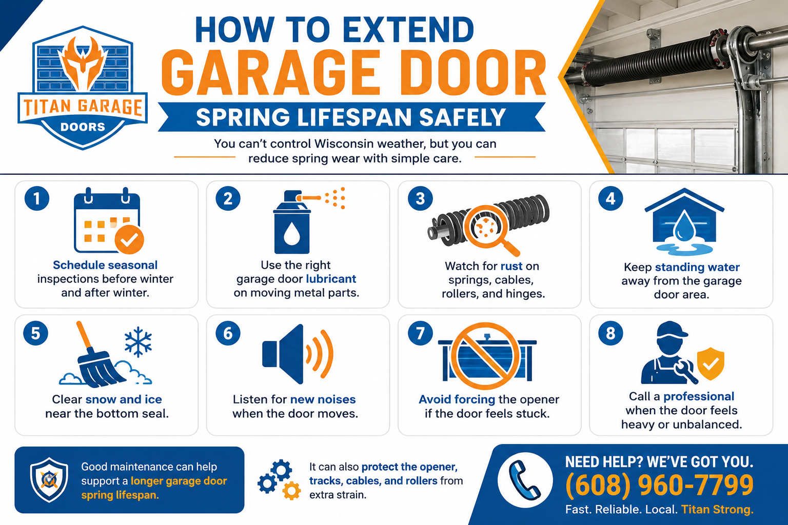 Infographic showing 8 tips to extend garage door spring lifespan safely, including seasonal inspections, proper lubrication, rust prevention, water and snow management, listening for new noises, avoiding forcing the opener, and calling a professional