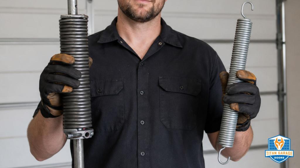 A technician wearing gloves and holding a torsion spring on the left and extension spring on the right