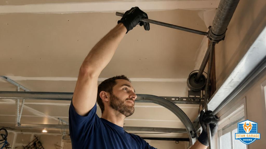 Technician performing garage spring repair in Wisconsin, using tools to adjust a torsion spring on a residential garage door
