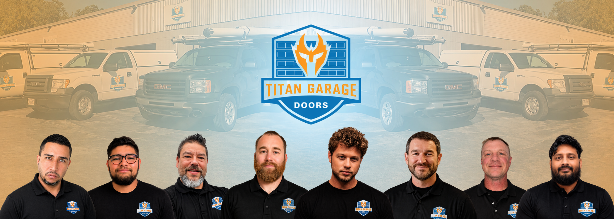 Team of professional garage door technicians from Titan Garage Doors standing in front of branded service trucks and warehouse building