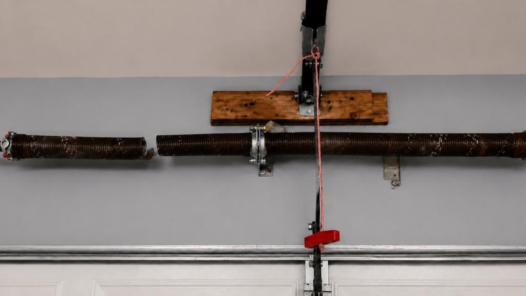 Broken garage springs above a residential garage door showing a snapped torsion spring needing repair
