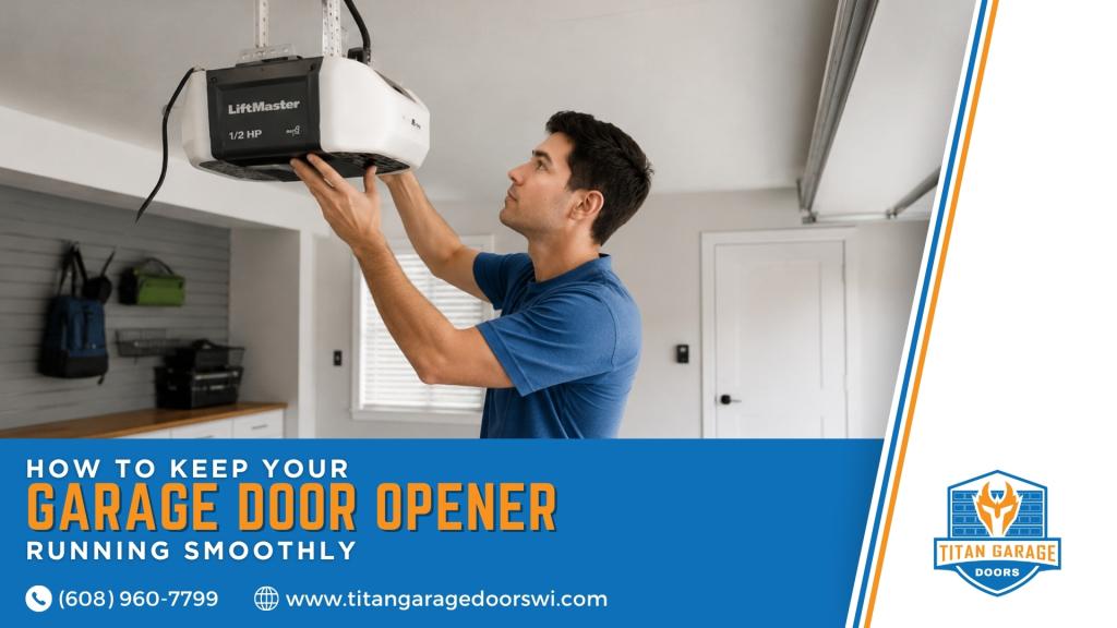 A Wisconsin homeowner inspecting a LiftMaster garage door opener above a residential garage door for smooth and reliable operation