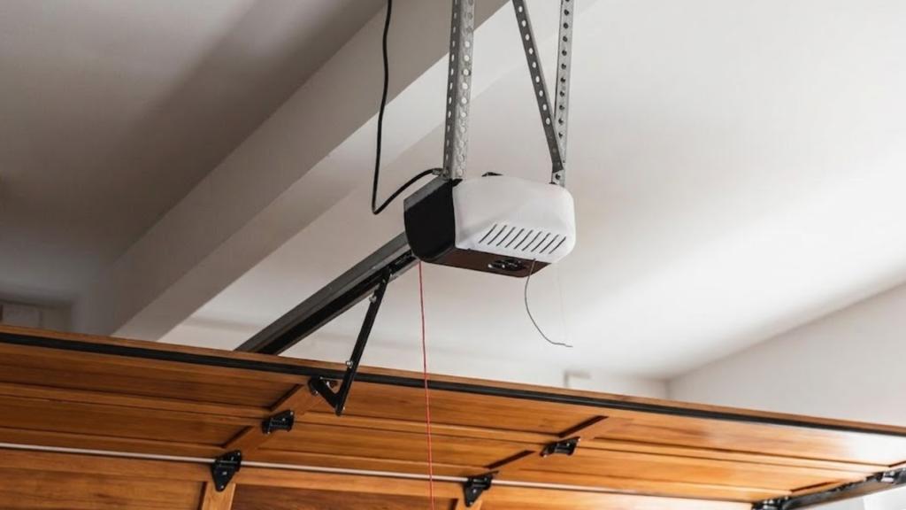 Close-up of a garage door opener, rail, and emergency release cord above a wooden sectional garage door