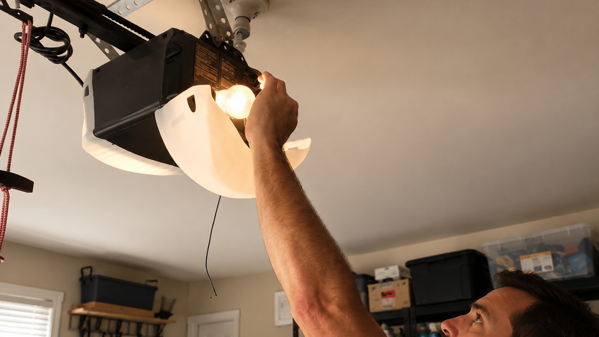 Technician inspecting and repairing a ceiling-mounted garage door opener with the light on, showing opener repair service for homeowners