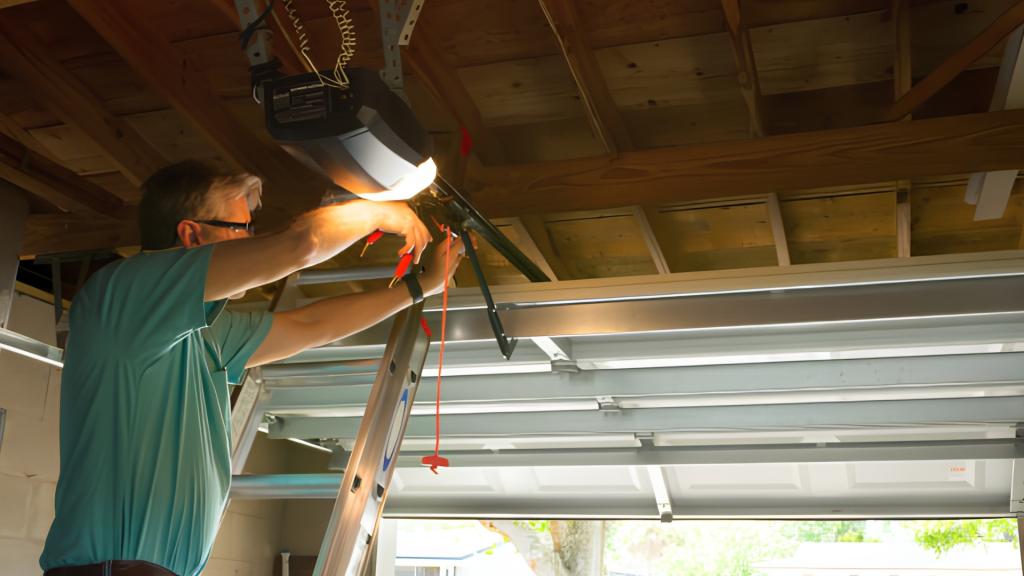 Garage door technician repairing and maintaining a ceiling-mounted garage door opener with the light on above an open residential garage door