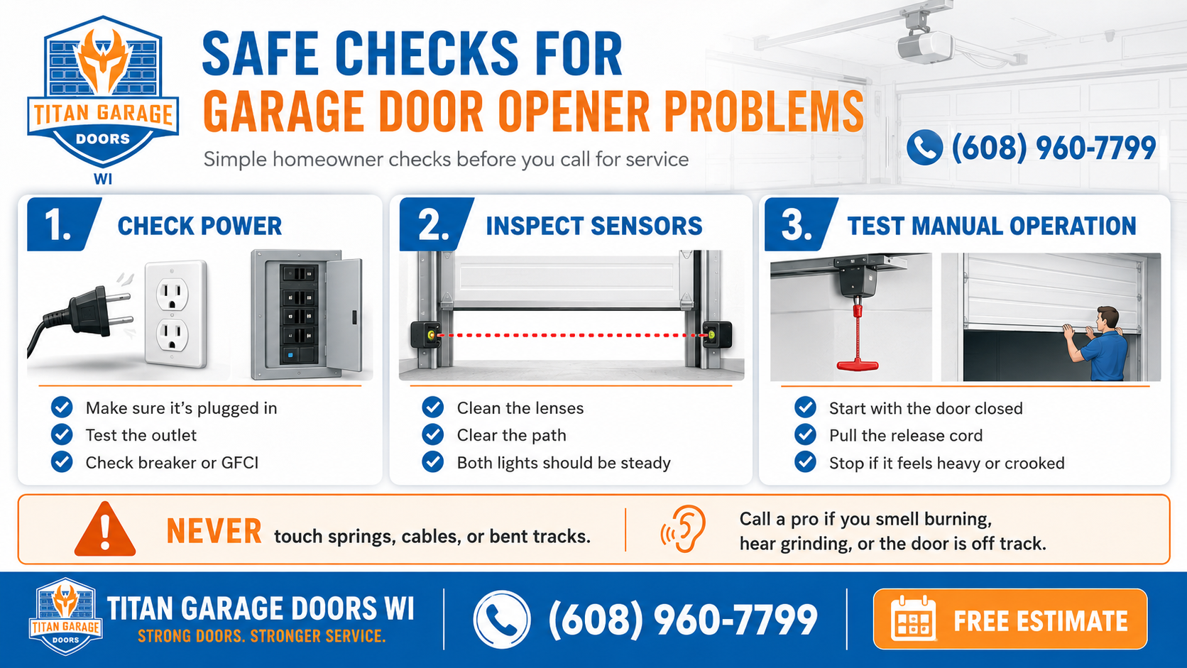 Titan Garage Doors WI infographic showing safe garage door opener problems checks, including testing power, inspecting safety sensors, and checking manual operation