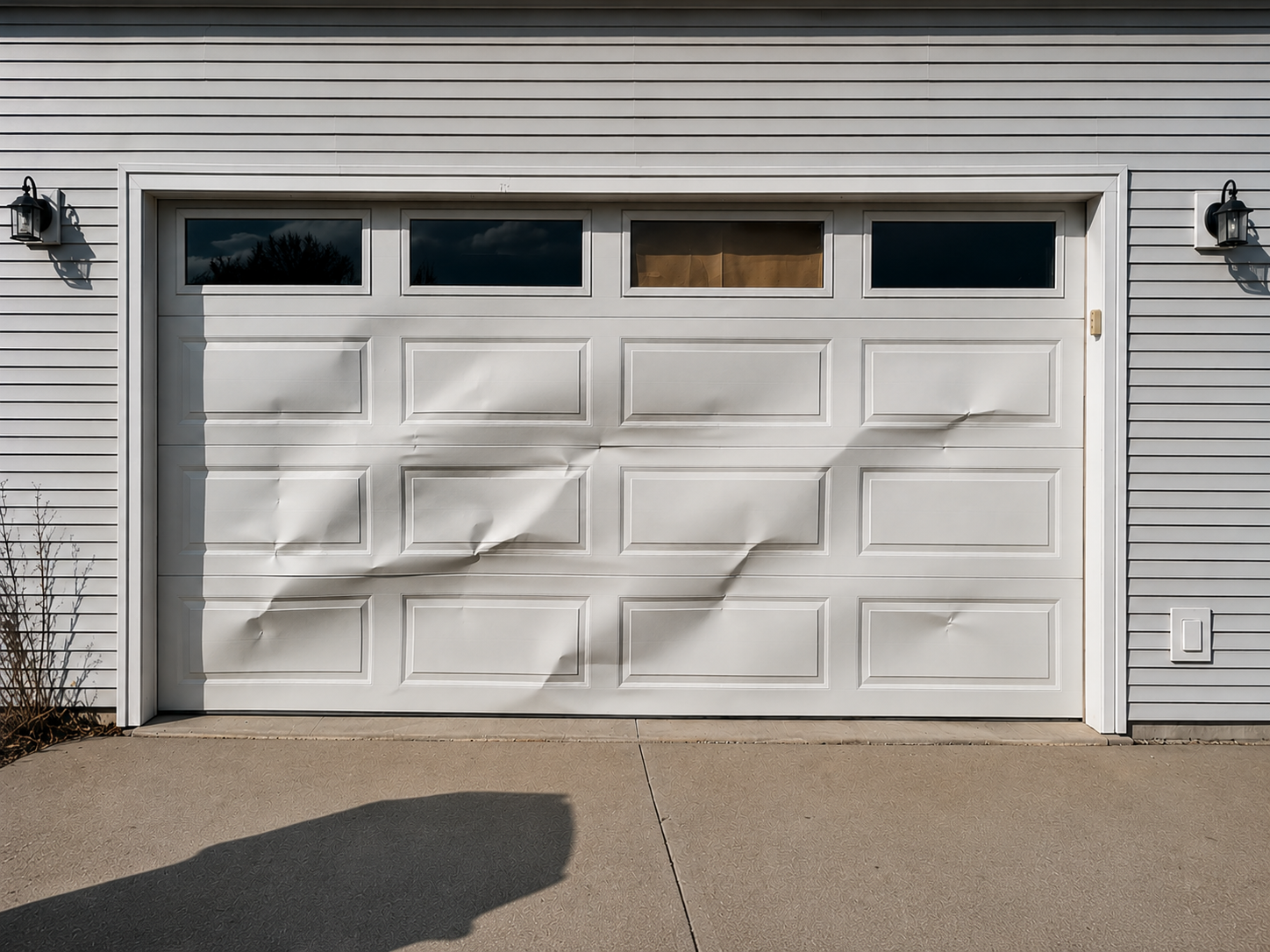   Garage panel repair for a dented residential garage door with multiple damaged panels.  
