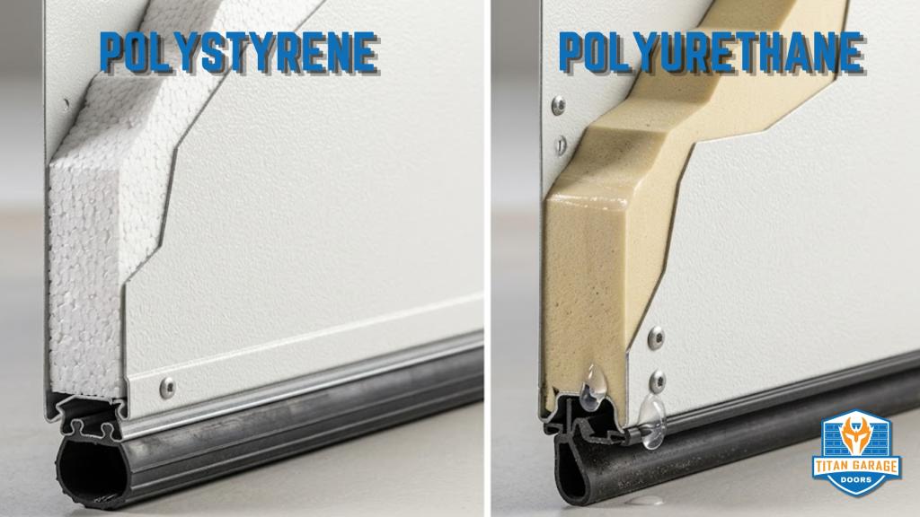 Polystyrene vs polyurethane insulated garage doors comparison showing side-by-side garage door insulation materials