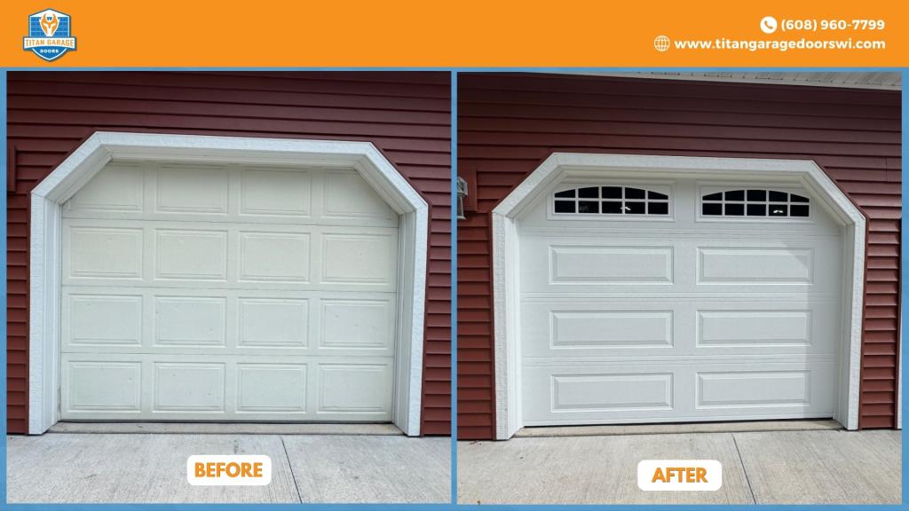 Before-and-after garage door replacement showing an older white garage door upgraded to a cleaner white garage door with windows to improve garage door lifespan