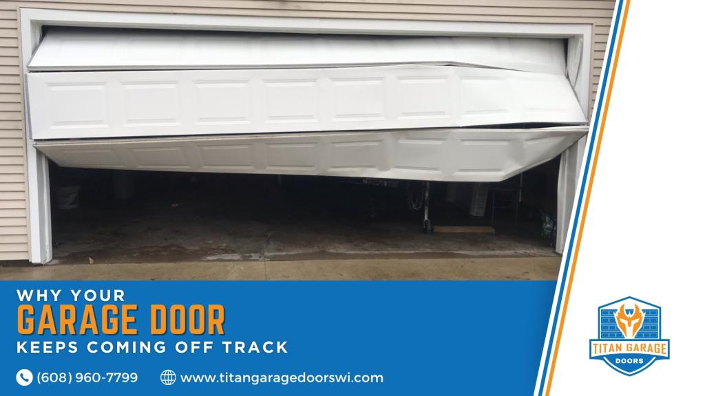Damaged residential garage door hanging unevenly and off track, showing why repeated garage door track problems need professional repair