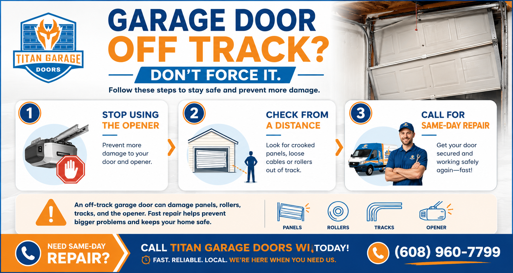 Infographic explaining what to do when a garage door is off track, including stopping the opener, checking for visible damage, and calling for professional repair