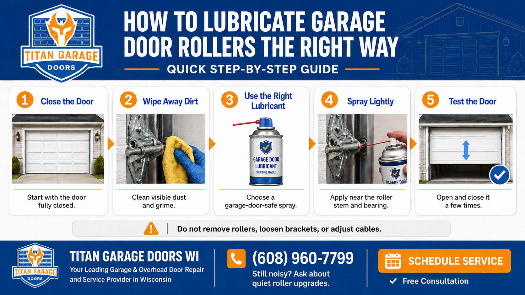 Garage door roller lubrication step-by-step guide showing how to clean, apply lubricant, and test garage door rollers for smoother operation