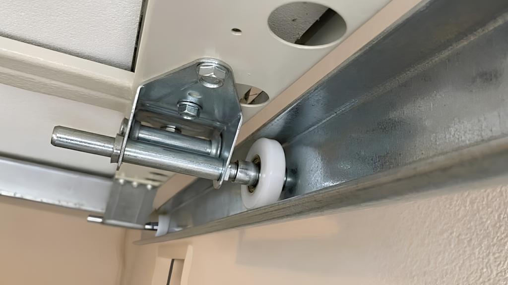 Close-up view of a garage door roller moving inside the track showing a key component of smooth garage door operation and maintenance