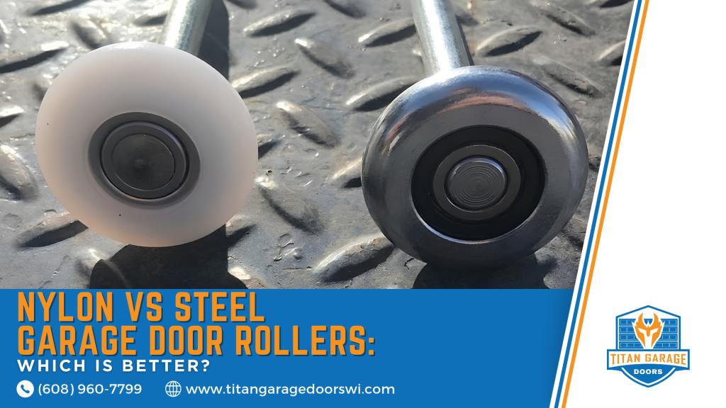 Nylon vs steel garage door rollers shown side by side for a comparison of residential garage door roller options