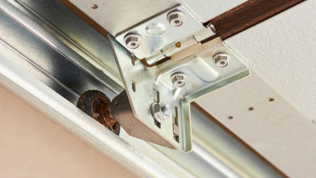 Garage door roller showing visible rust and wear inside the track near the metal hinge bracket