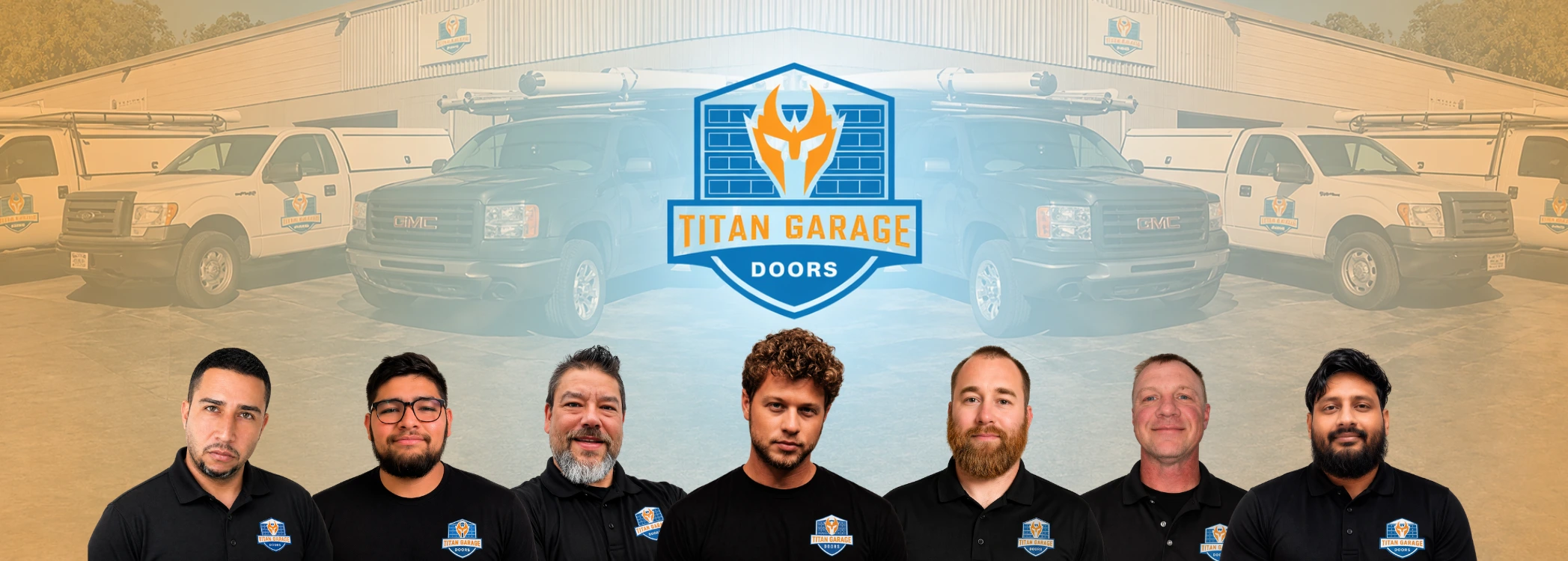 Team of professional garage door technicians from Titan Garage Doors WI standing in front of branded service trucks and warehouse building.