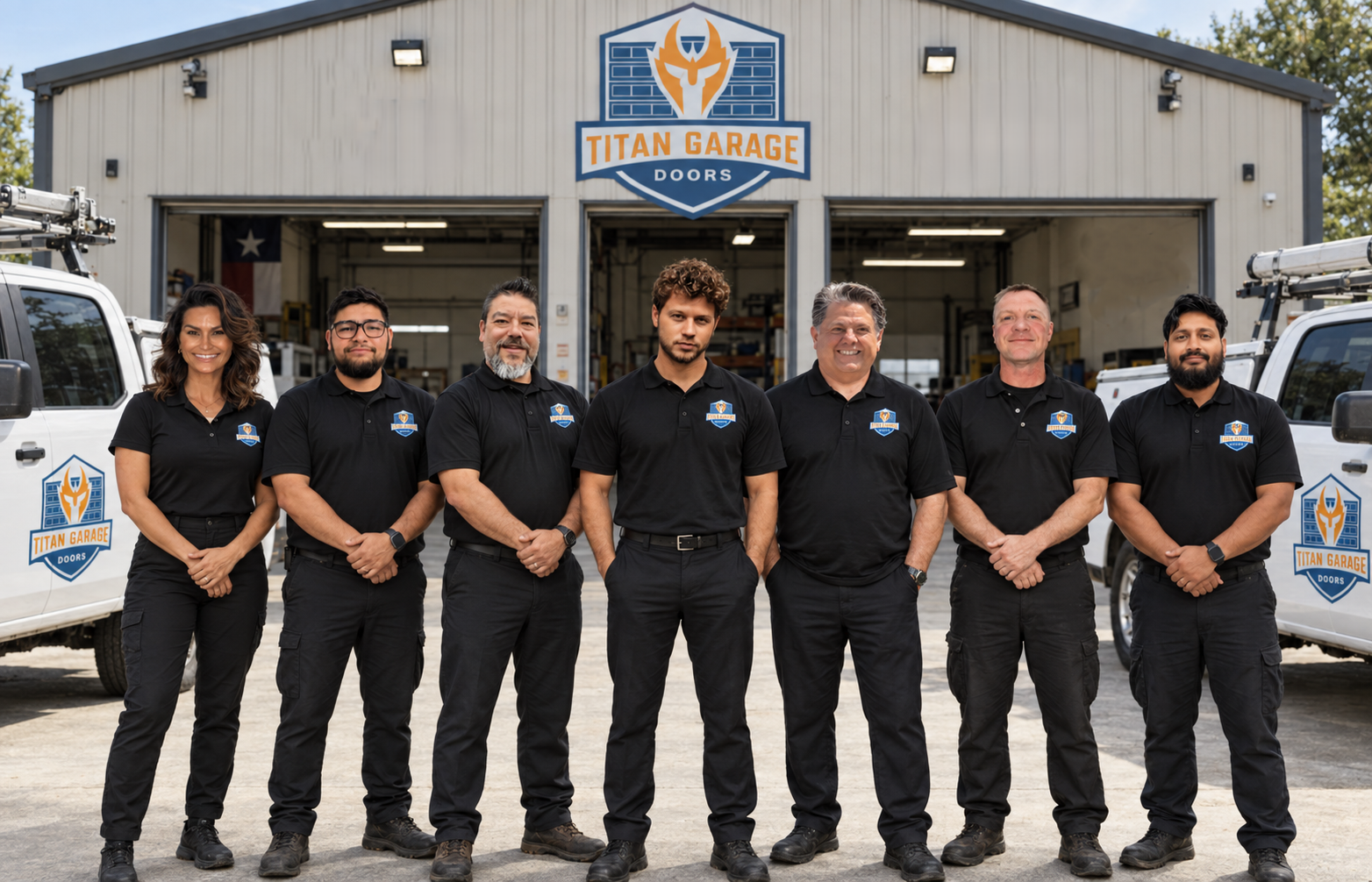 Team of professional garage door technicians from Titan Garage Doors Wisconsin standing in front of branded service trucks and warehouse building
