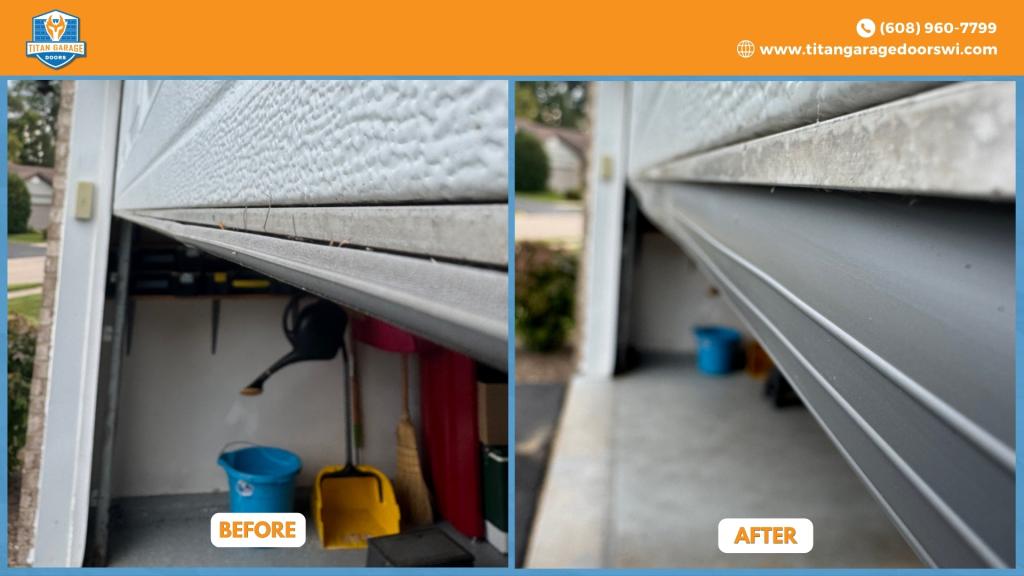 Titan Garage Doors WI garage door tune up before and after showing weather seal replacement