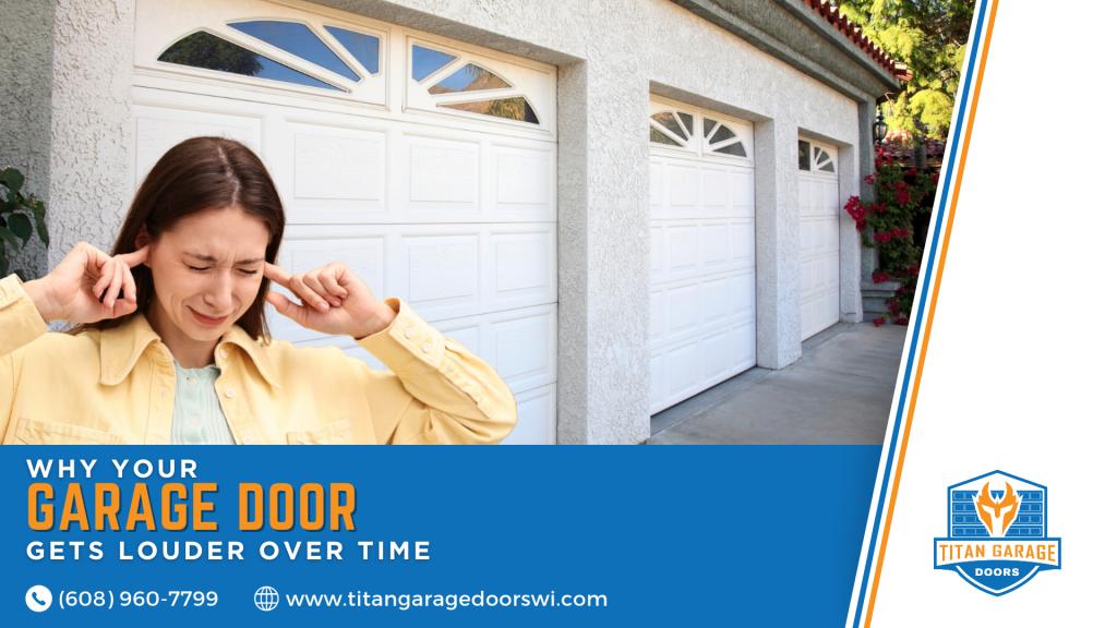 Homeowner covering her ears near a garage with multiple doors, illustrating how a noisy garage door can become louder over time
