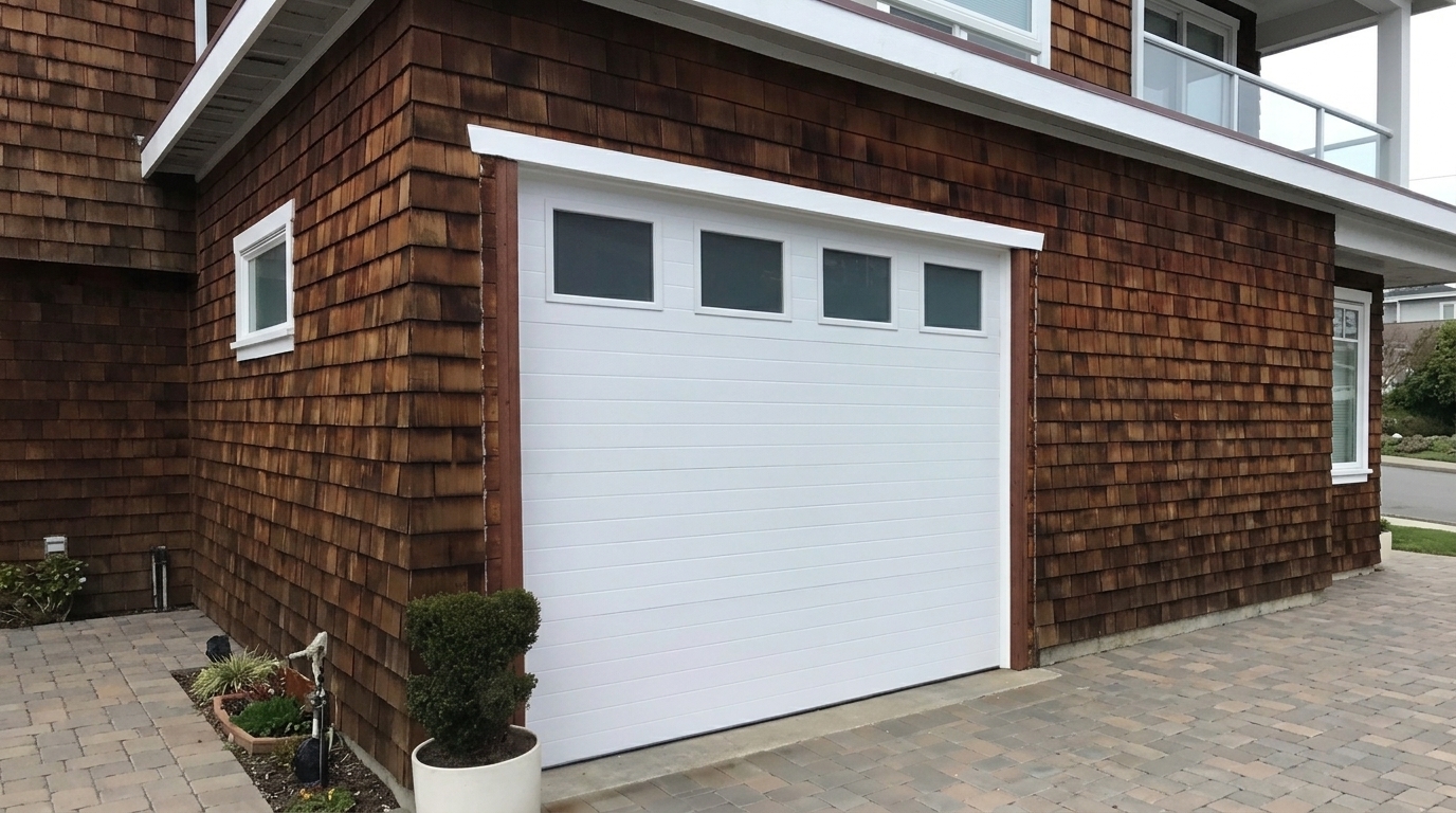 Garage door installation in Stoughton, WI, featuring a white sectional garage door with four dark-tinted windows and horizontal panels.
