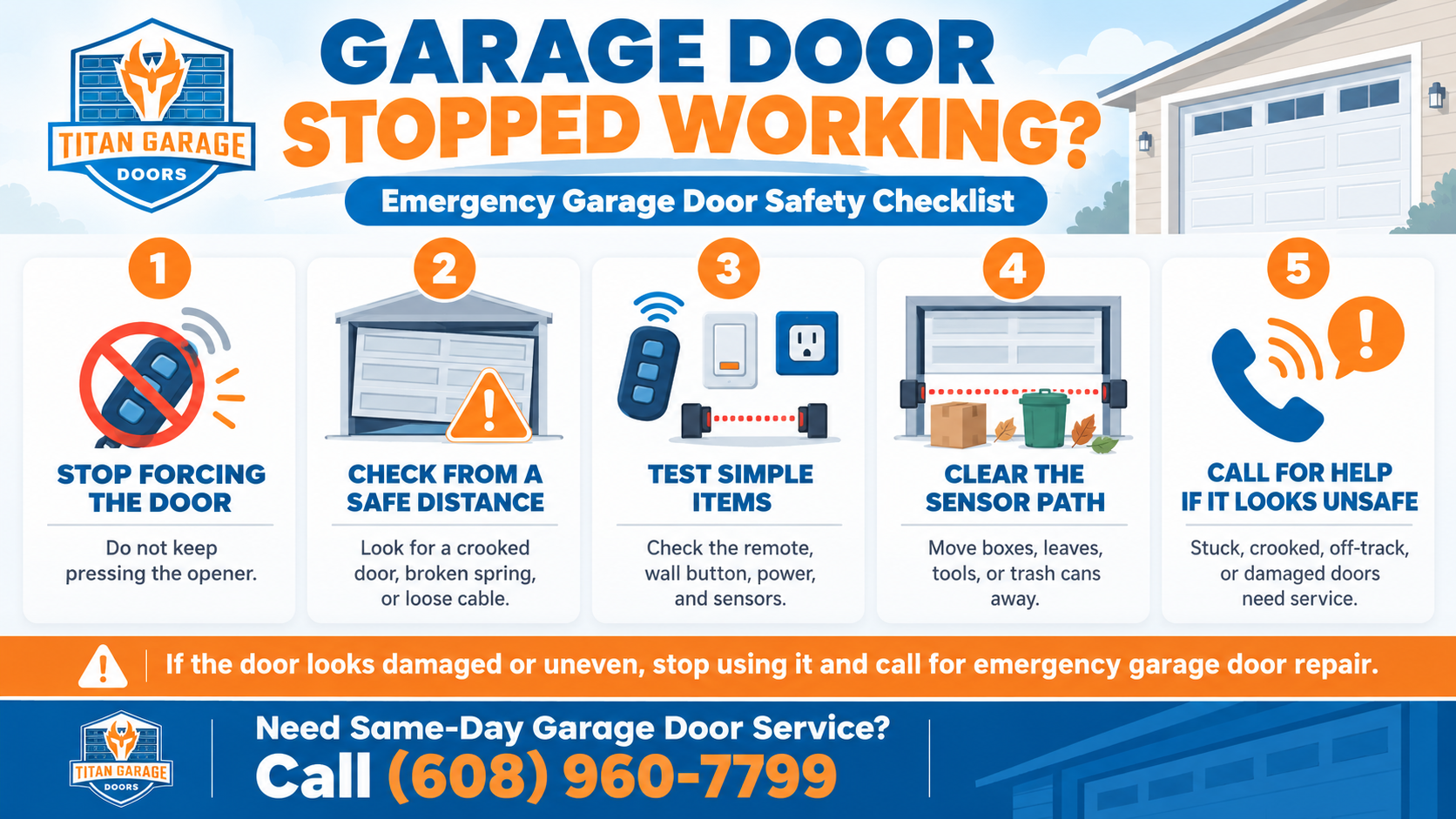 Emergency garage door safety checklist for Stoughton WI homeowners with steps to stop forcing the door, check from a safe distance, test simple items, clear sensors, and call for help