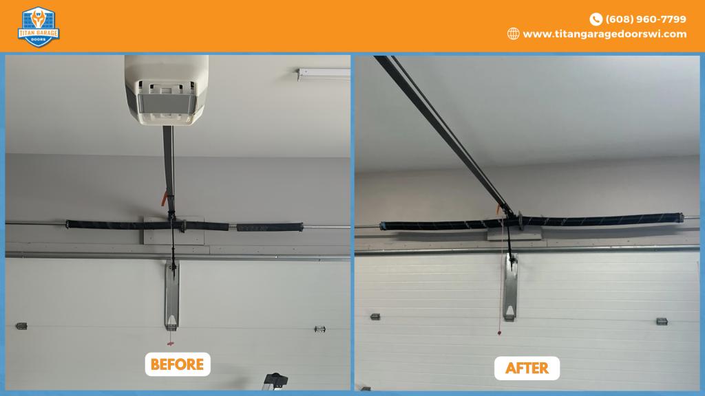Before and after garage door spring repair showing worn torsion springs replaced on a residential garage door