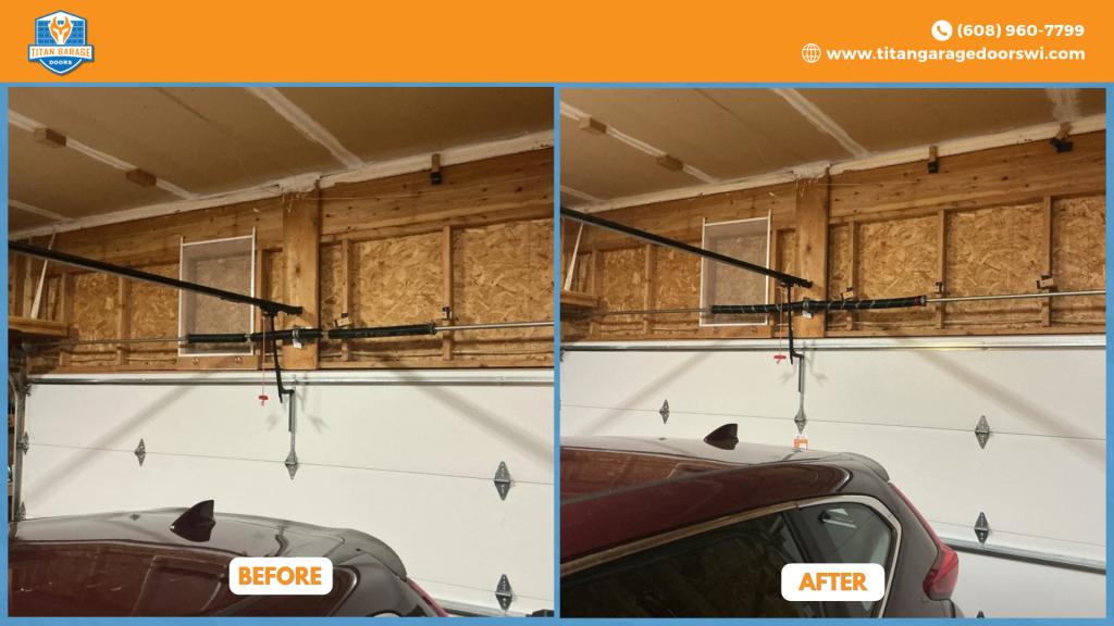 Before and after photos showing a garage door repair for a door stuck halfway open