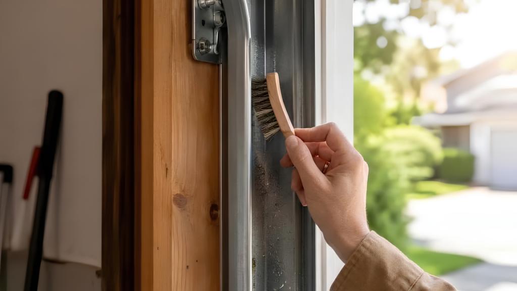 DIY garage door repair with a person cleaning the garage door track using a brush