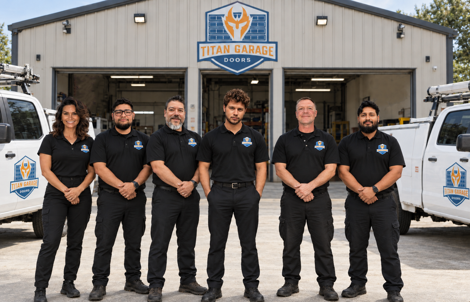 Team of professional garage door technicians from Titan Garage Doors Wisconsin standing in front of branded service trucks and warehouse building